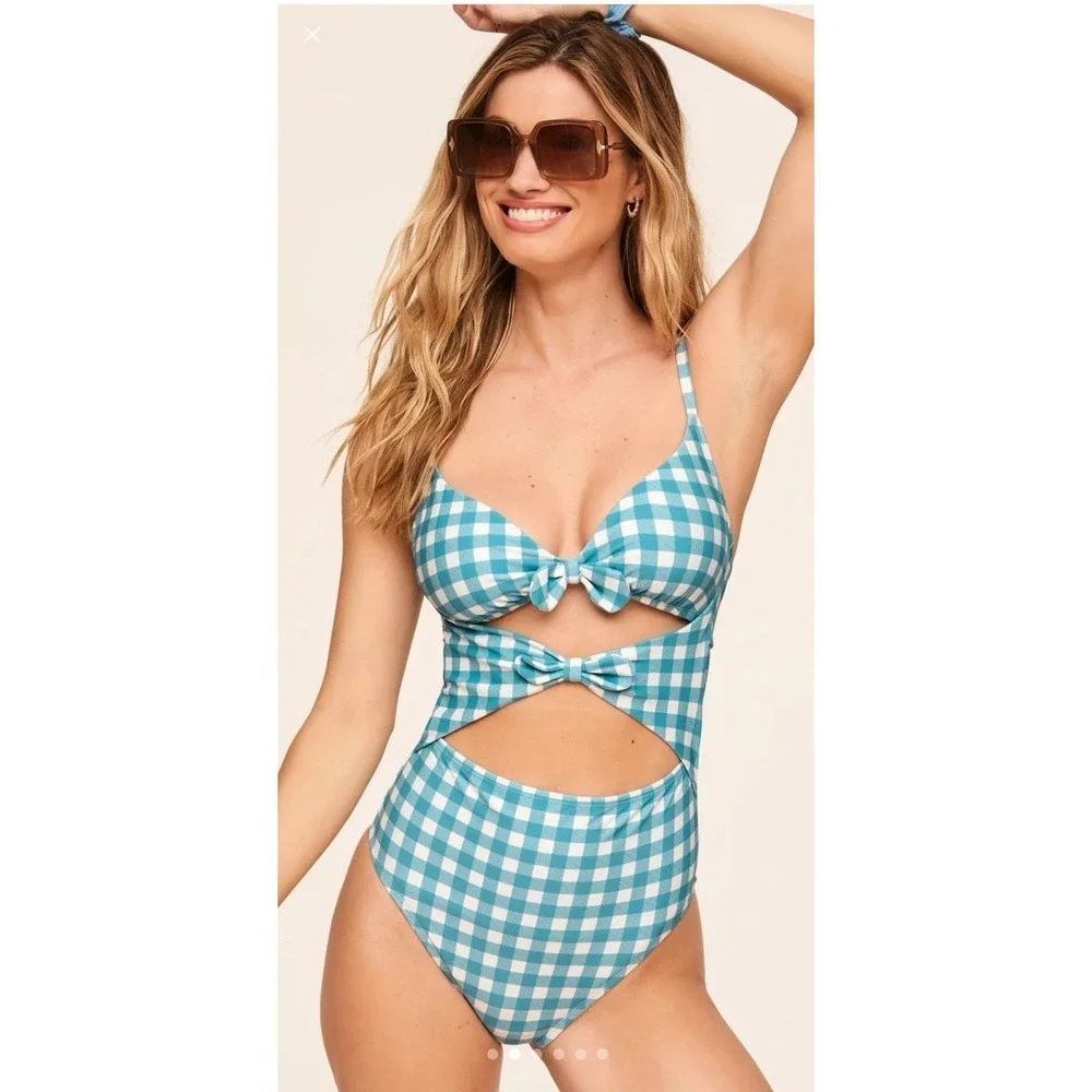 Adore Me Gingham One Piece Swimsuit 0X‎ Blue White Cutout Bow Front NWT Plus